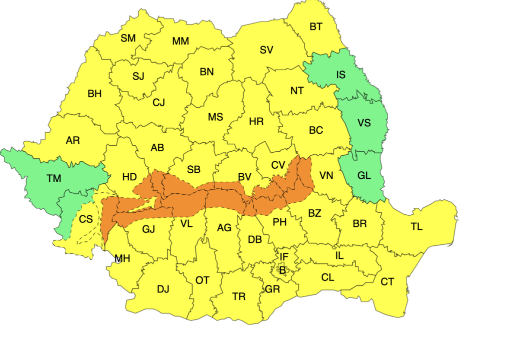 Cod portocaliu de vânt puternic la munte și cod galben în restul județului Sibiu. Vor fi precipitații și viscol