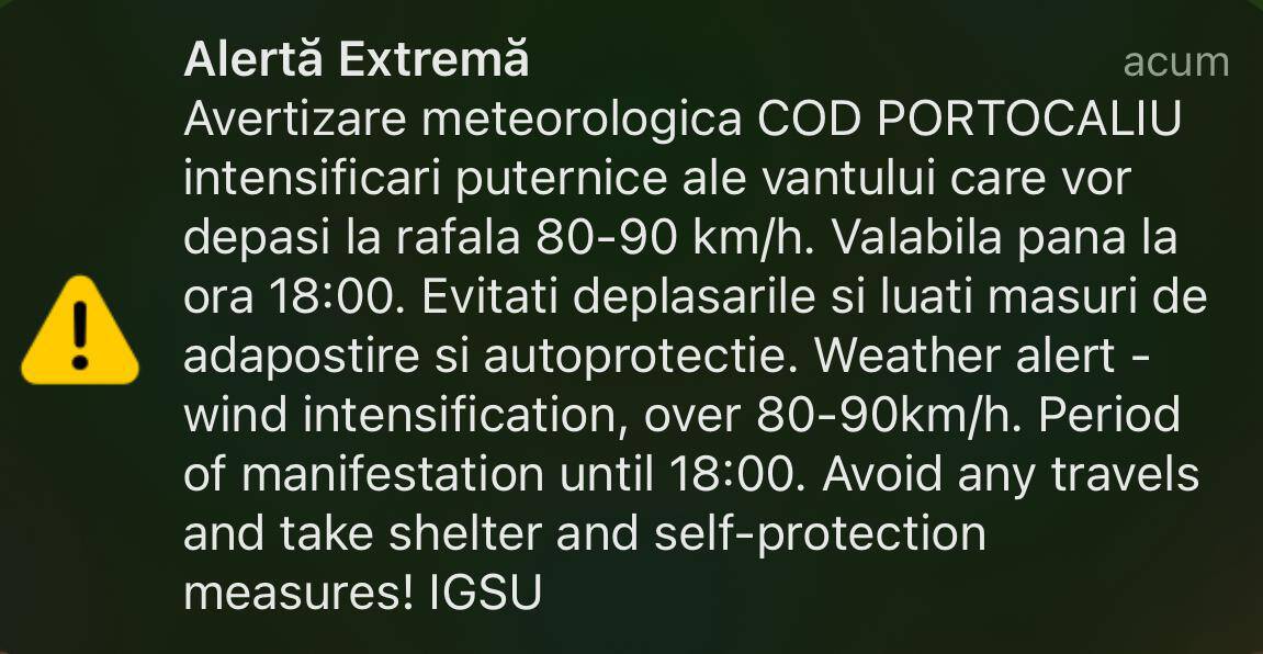 Mesaje RO-Alert pe telefoanele sibienilor. Este cod portocaliu de vânt. Evitați deplasările