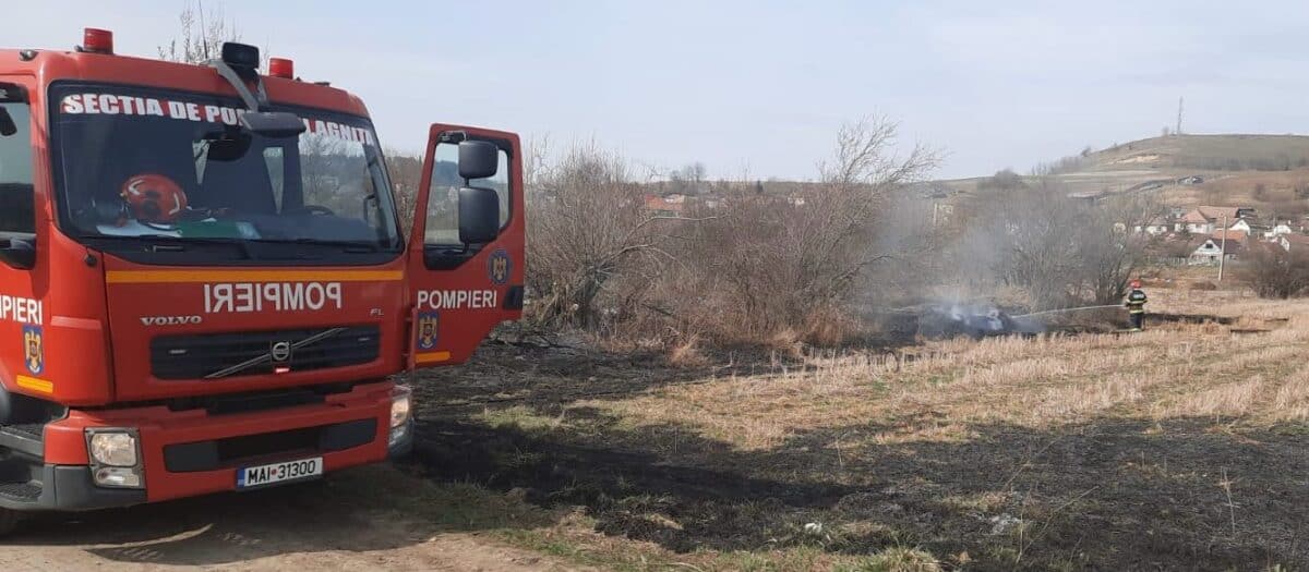 Arde o mașină între Sibiu și Sebeș pe A1. Focul s-a extins la vegetație