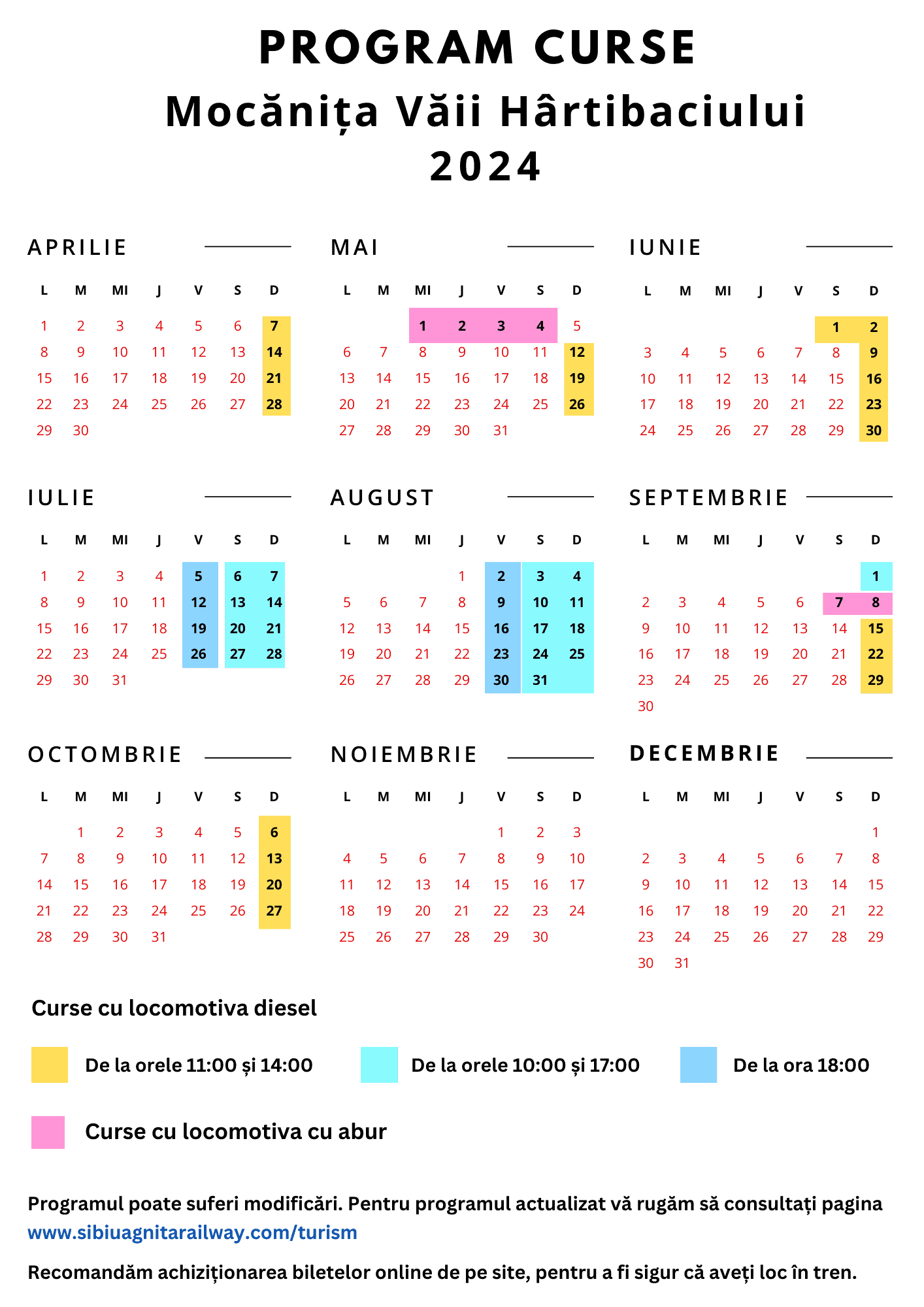 Programul curselor mocăniței de pe Valea Hârtibaciului în următoarele 5 luni