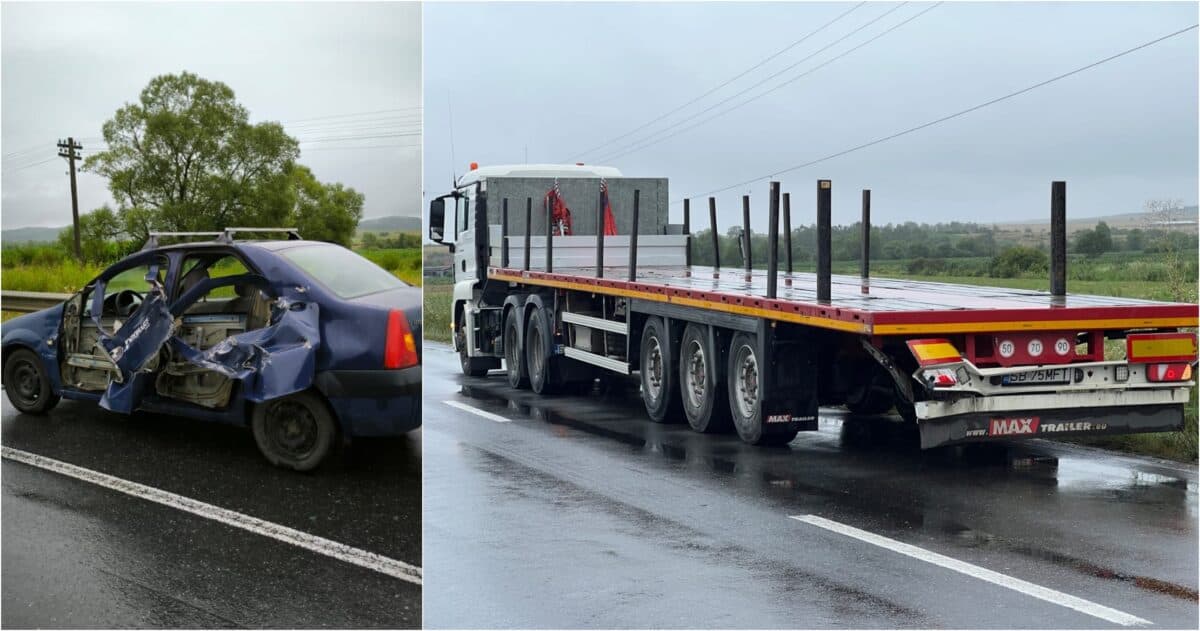 Accident la Cornățel. Pasager rănit după ce un TIR a acroșat o mașină