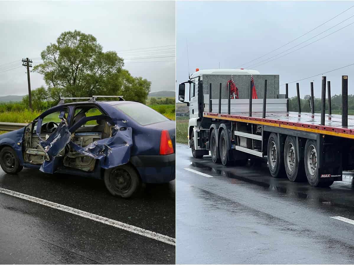 Accident la Cornățel. Pasager rănit după ce un TIR a acroșat o mașină