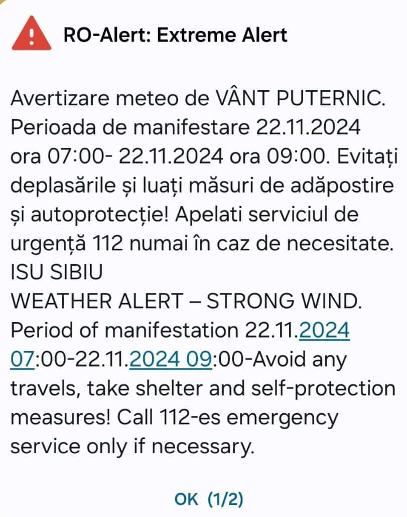 Mesaje RO-Alert de vreme extremă. Vânt puternic în Sibiu