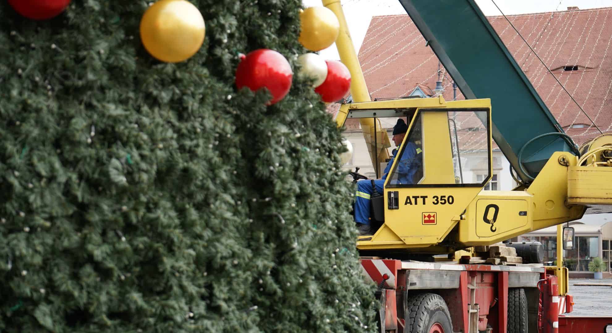 magia sărbătorilor prinde viață la sibiu. bradul din târgul de crăciun este aproape gata (video, foto)