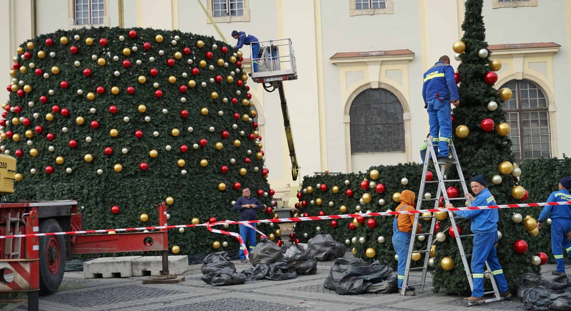 magia sărbătorilor prinde viață la sibiu. bradul din târgul de crăciun este aproape gata (video, foto)