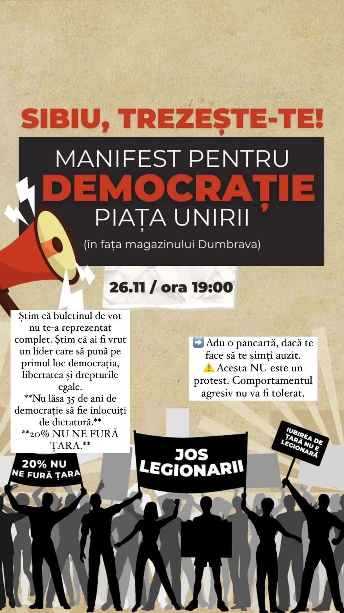 Sibienii ies marți seara în stradă. „Manifest pentru democrație” are loc în față la Magazinul Dumbrava