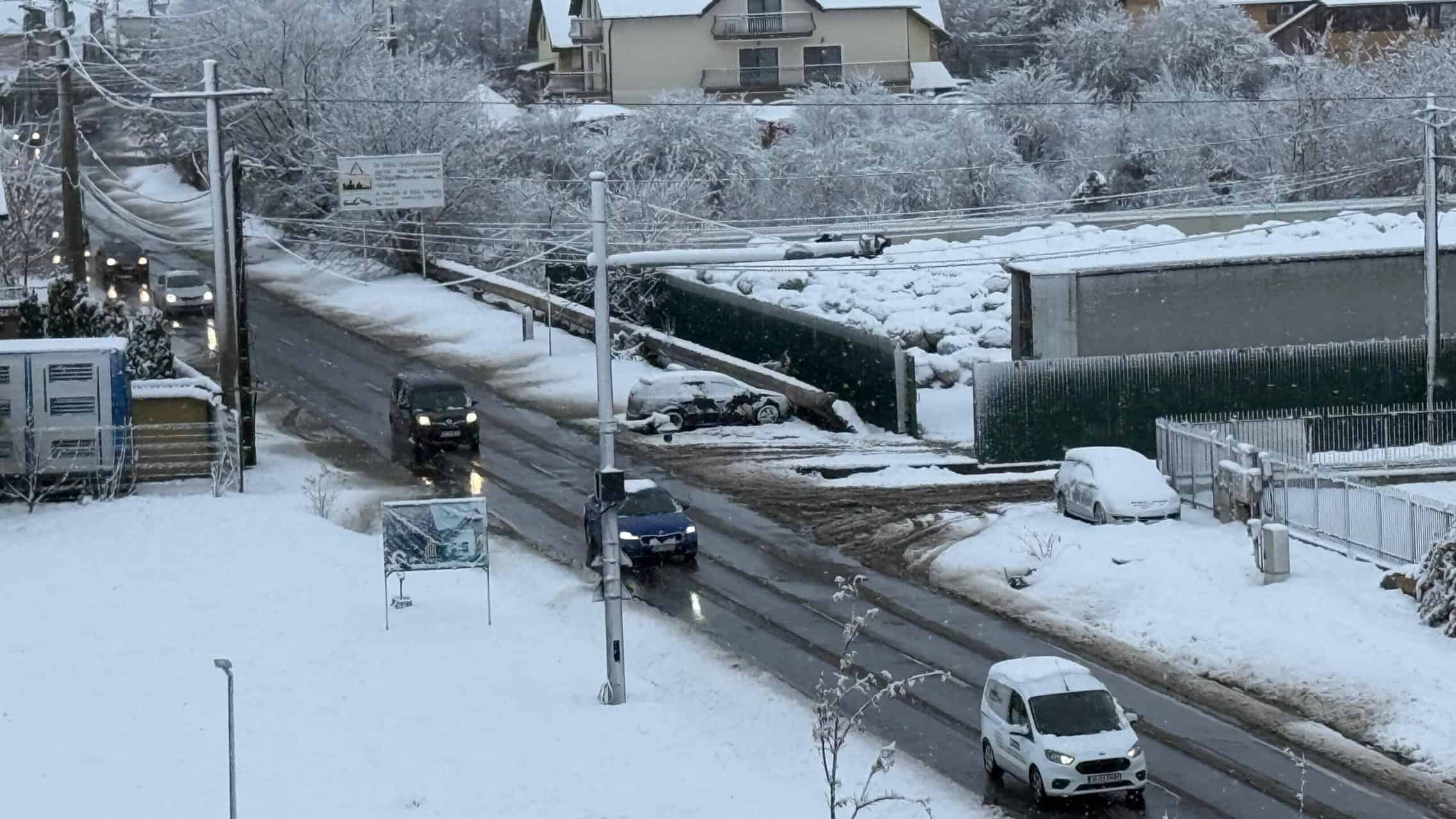 Trafic îngreunat în Sibiu din cauza ninsorilor. Pe Ștefan cel Mare a căzut un stâlp iar spre Rasinari și Cisnădioara sunt copaci căzuți pe drum (video foto)