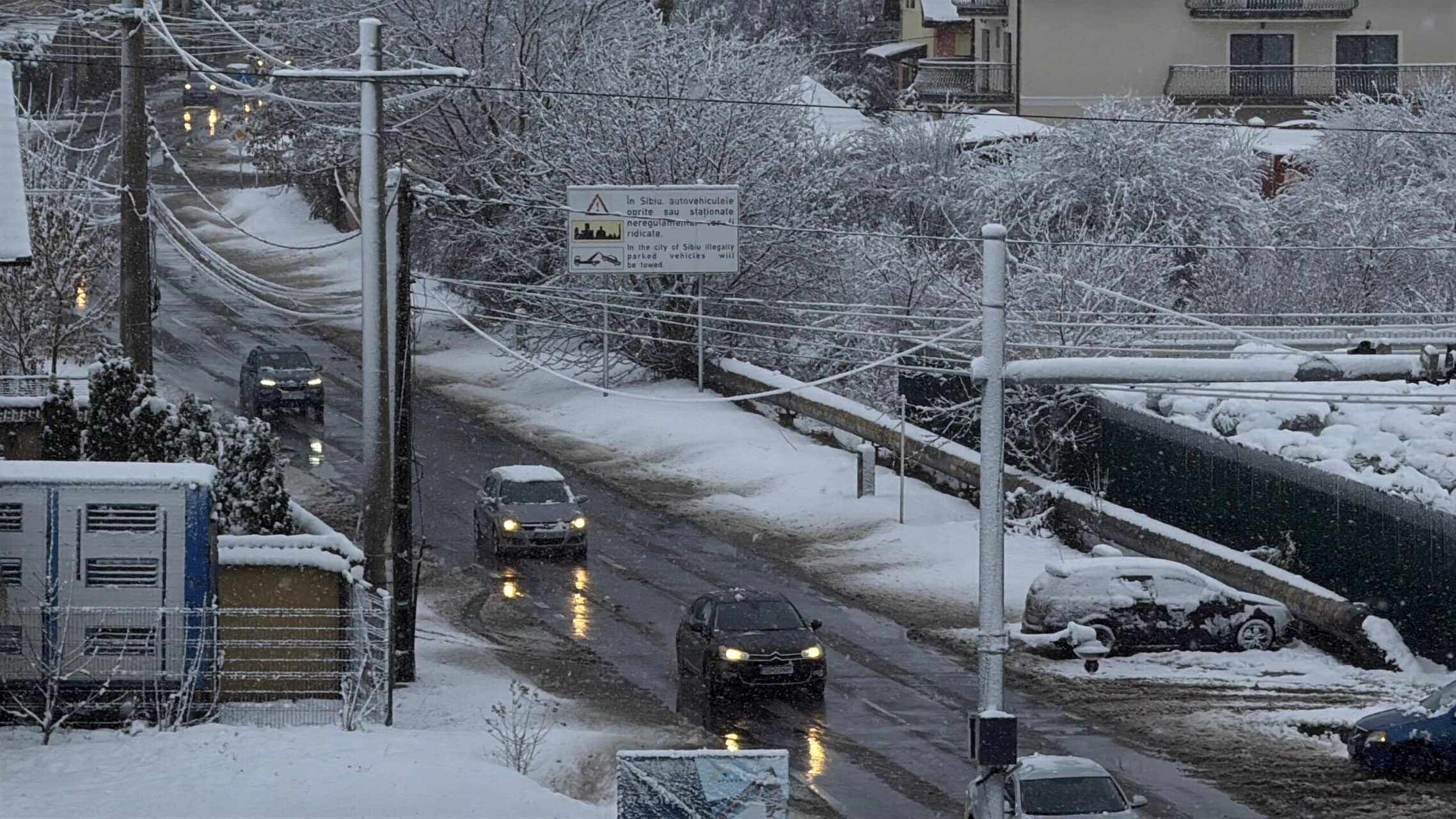 Trafic îngreunat în Sibiu din cauza ninsorilor. Pe Ștefan cel Mare a căzut un stâlp iar spre Rasinari și Cisnădioara sunt copaci căzuți pe drum (video foto)