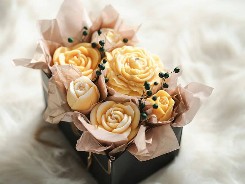 elegant yellow floral arrangement in gift box