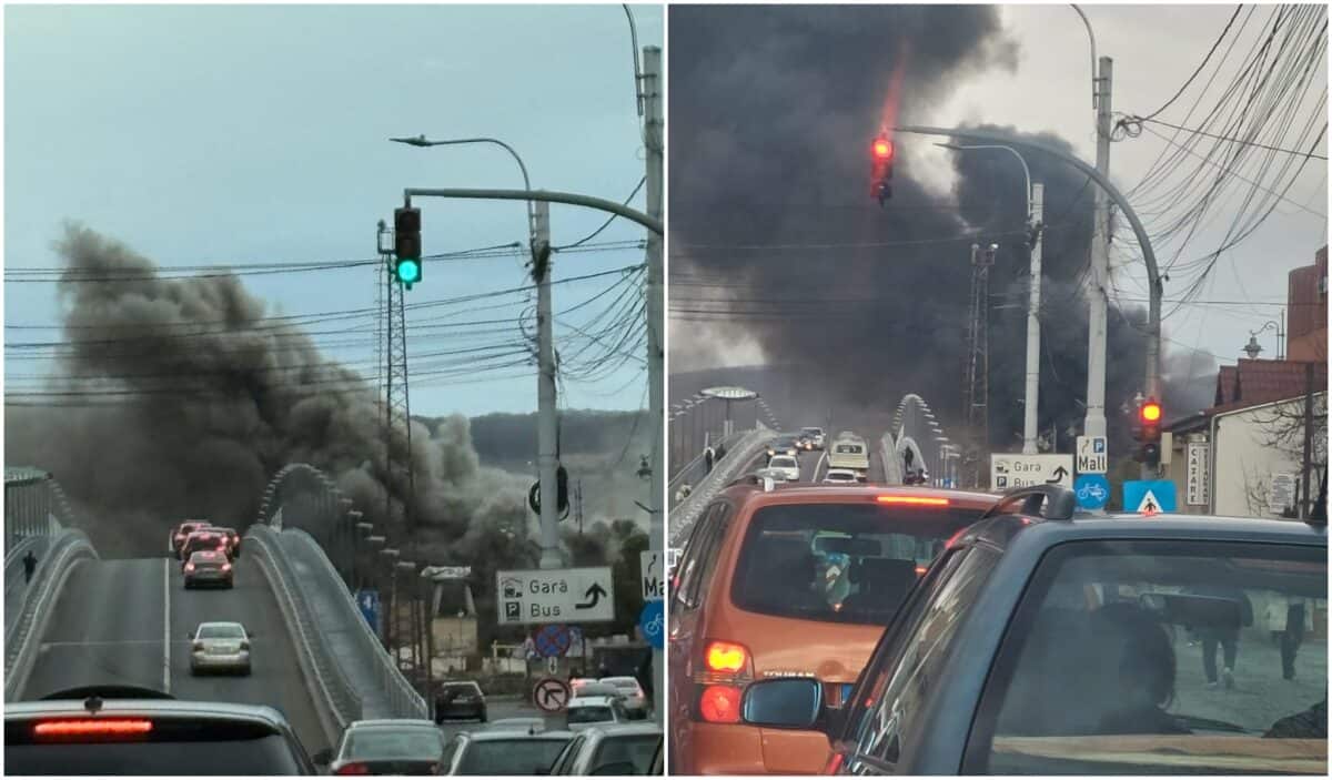 Circulație închisă pe Podul Gării din Sibiu din cauza incendiului din Lazaret (video, foto)