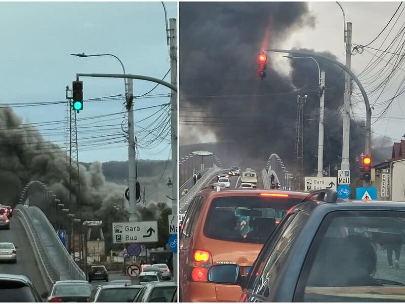 Circulație închisă pe Podul Gării din Sibiu din cauza incendiului din Lazaret (video, foto)