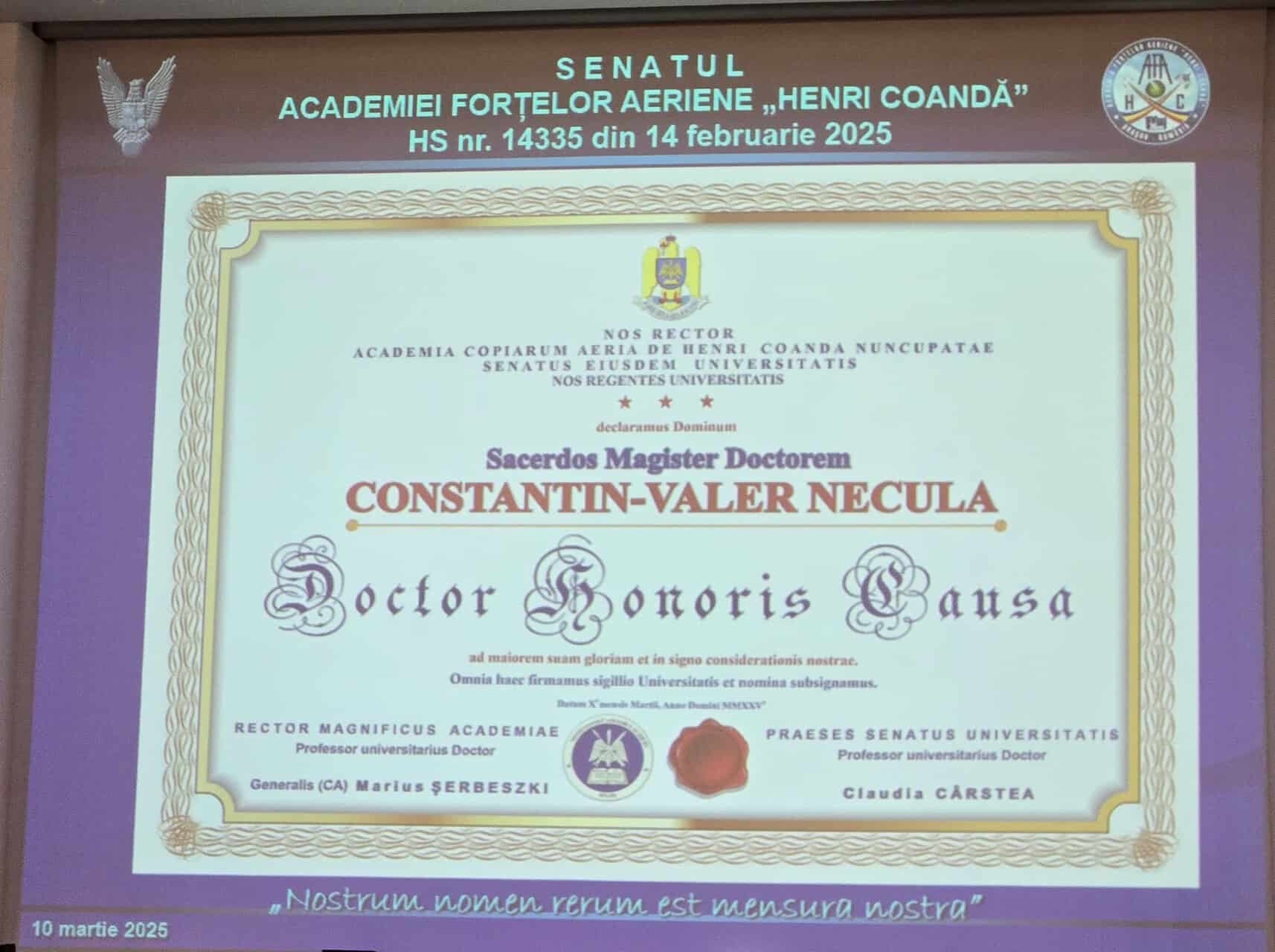 Părintele Constantin Nicula a primit titlul ”Doctor Honoris Causa“ al Academiei Forțelor Aeriene din Brașov (foto)