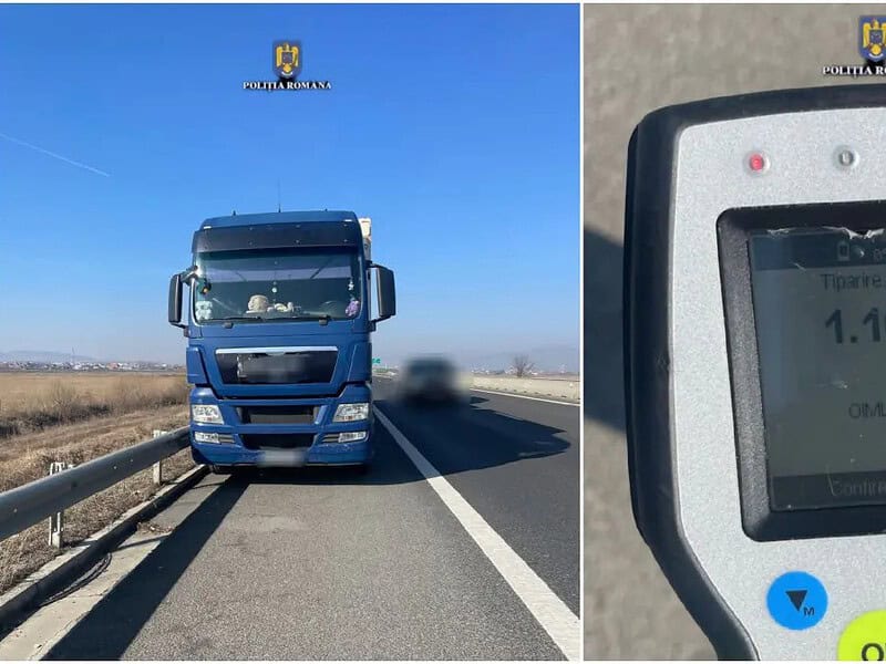 Șofer de TIR beat criță, reținut de poliție pe autostrada Deva - Sibiu. Alcoolemie de aproape 2,5 la volan (foto)