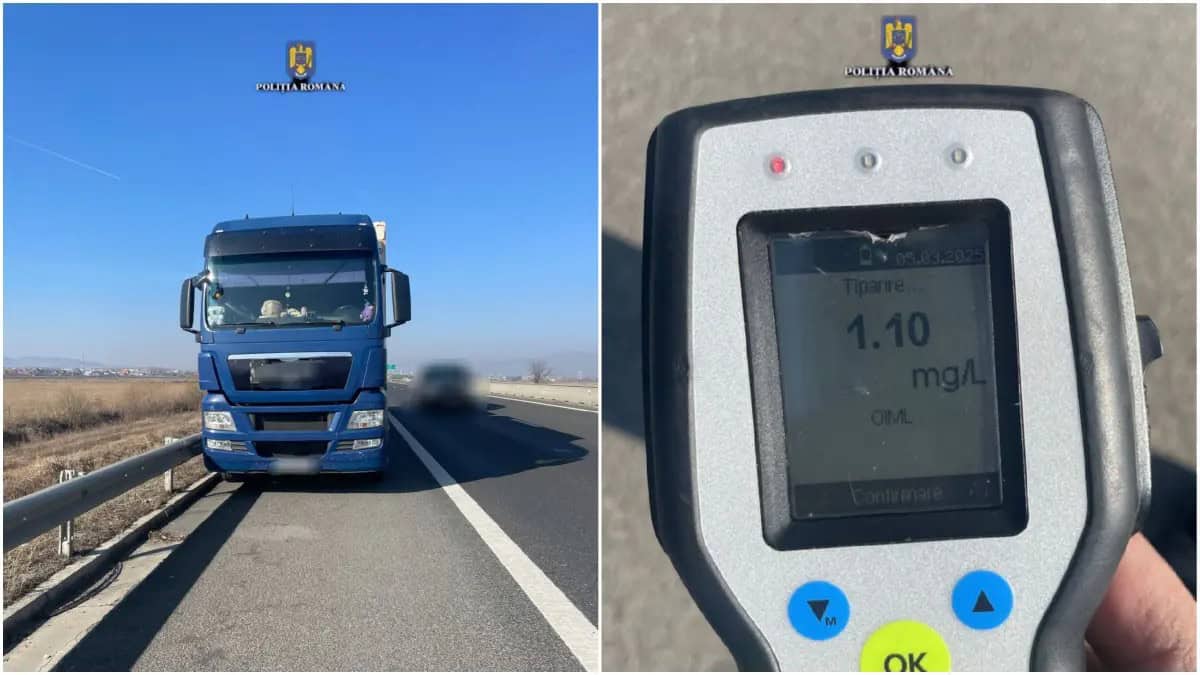 Șofer de TIR beat criță, reținut de poliție pe autostrada Deva - Sibiu. Alcoolemie de aproape 2,5 la volan (foto)